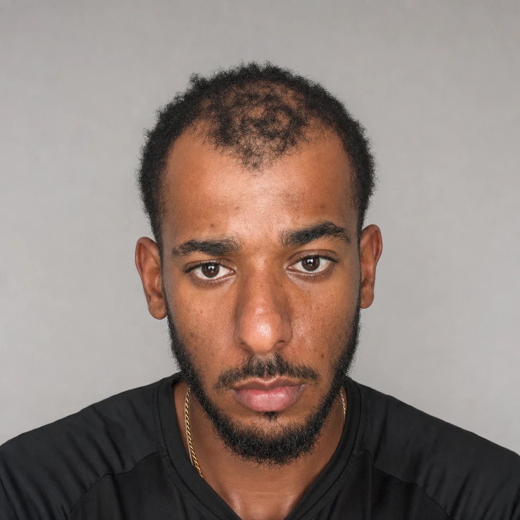 Source photograph of the founder before his first session, showing his full head and natural hairline