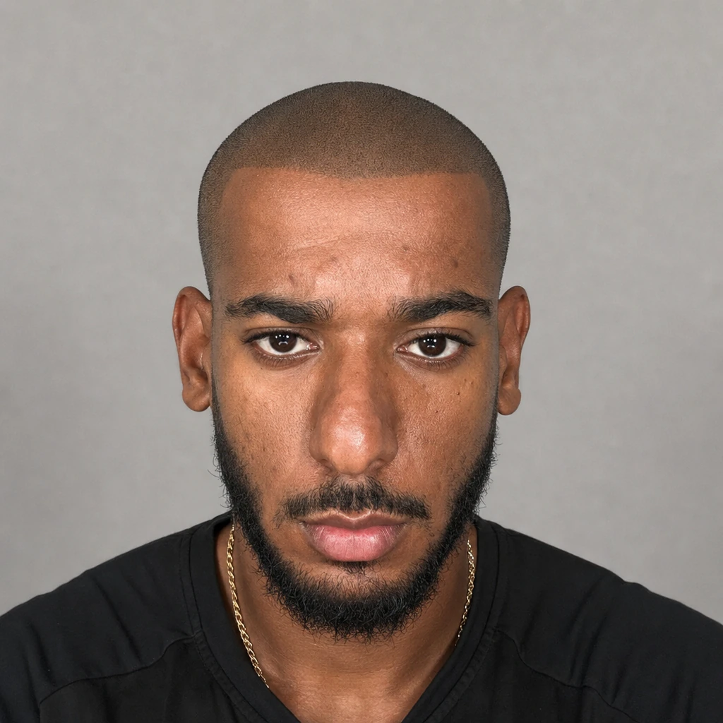 Illustrative tool render made from that same source photograph, showing a hairline direction rather than a treatment prediction